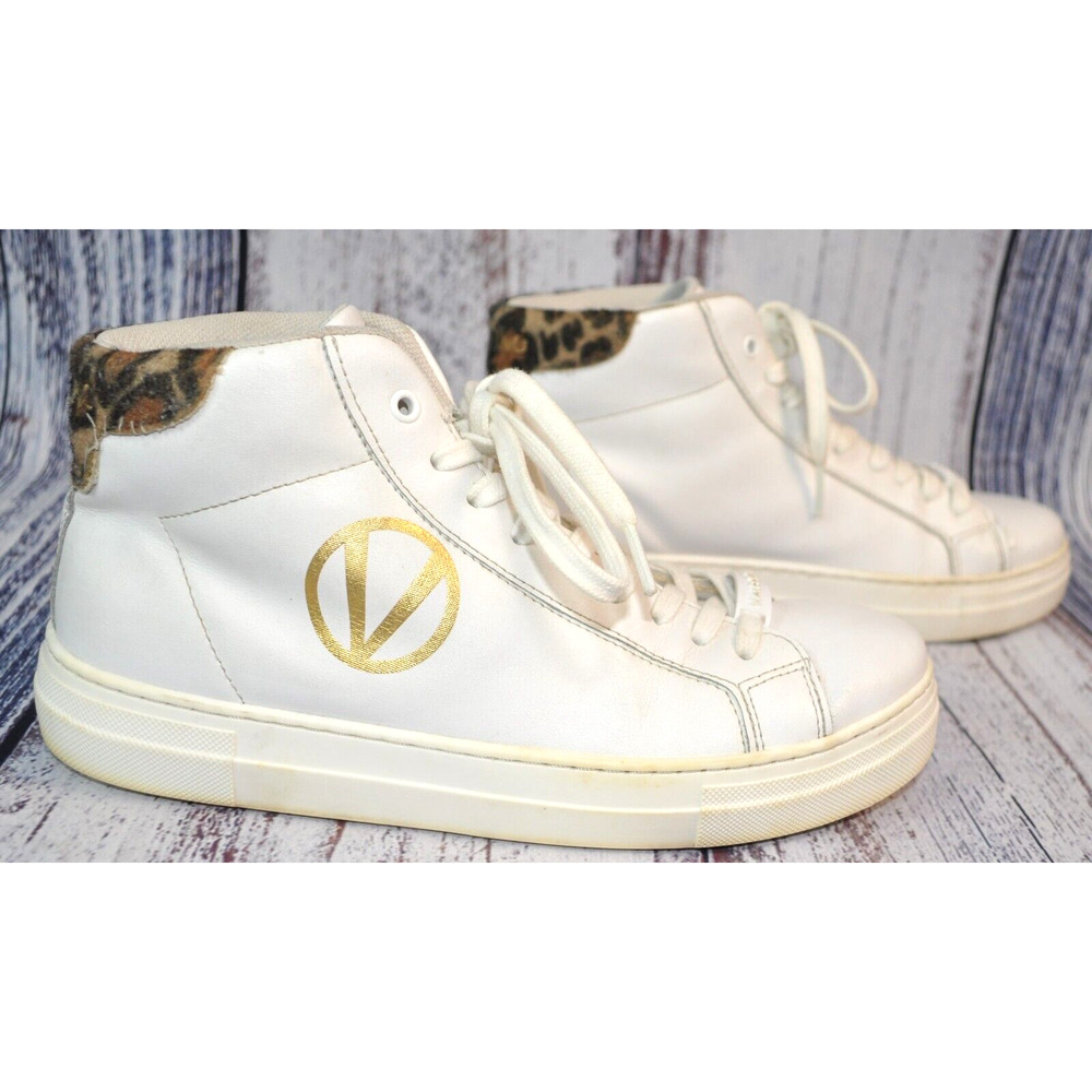 Valentino White Leather High-Top Sneakers with Gold Logo and Leopard Trim